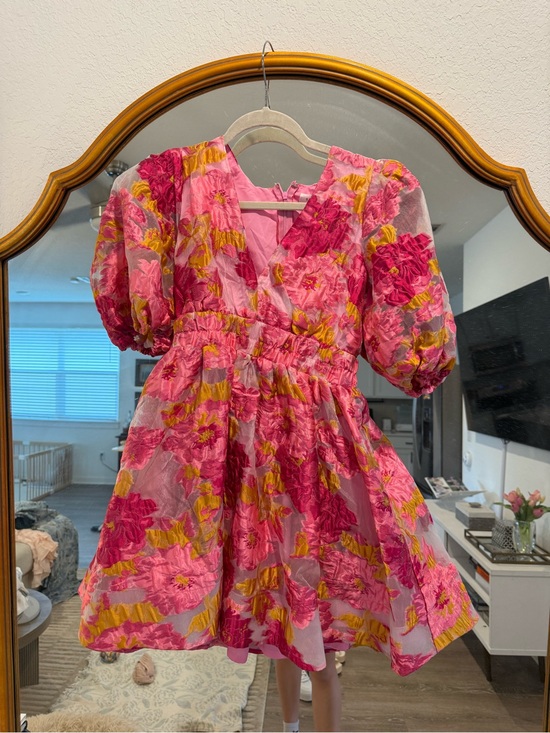 Billy J Dresses & Skirts - Bright Pink Floral Mini Dress with Puff Sleeves